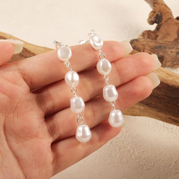 Silver Baroque Pearl Drop Dangle Long Tassel Wedding Bridal Earrings for Women - Picture 4 of 6